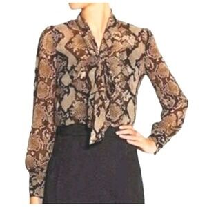 Altuzarra Target Snakeskin Blouse Size‎ S Tie Neck Sheer Brown Long Sleeve Top